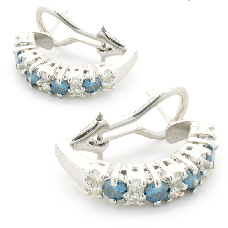 18 Karat White Gold Alternating Blue and White Diamond J Style Hoop Earrings