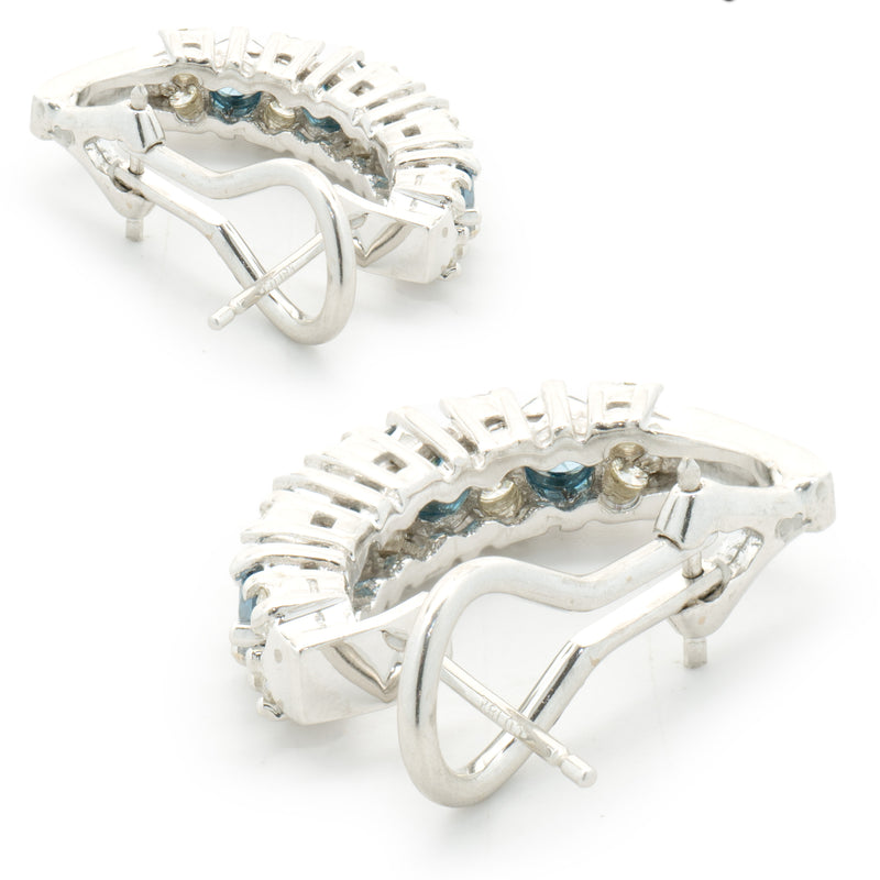 18 Karat White Gold Alternating Blue and White Diamond J Style Hoop Earrings