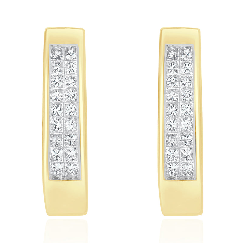 14 Karat Yellow Gold Channel Set Princess Cut Diamond Hoop Earrings