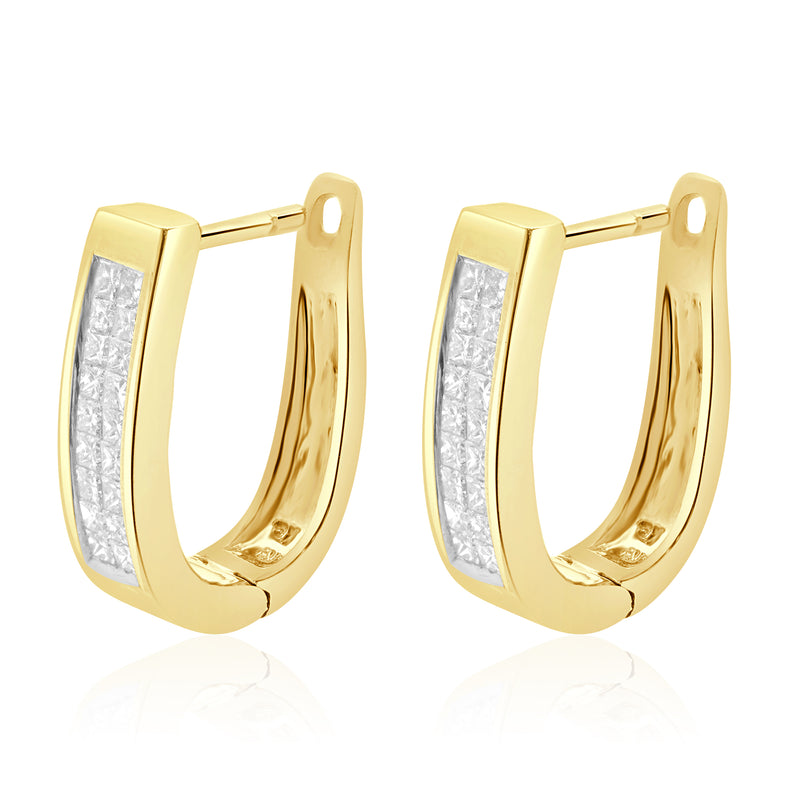 14 Karat Yellow Gold Channel Set Princess Cut Diamond Hoop Earrings