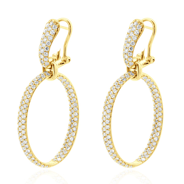 18 Karat Yellow Gold Pave Diamond Oval Inside Outside Hoop Earrings