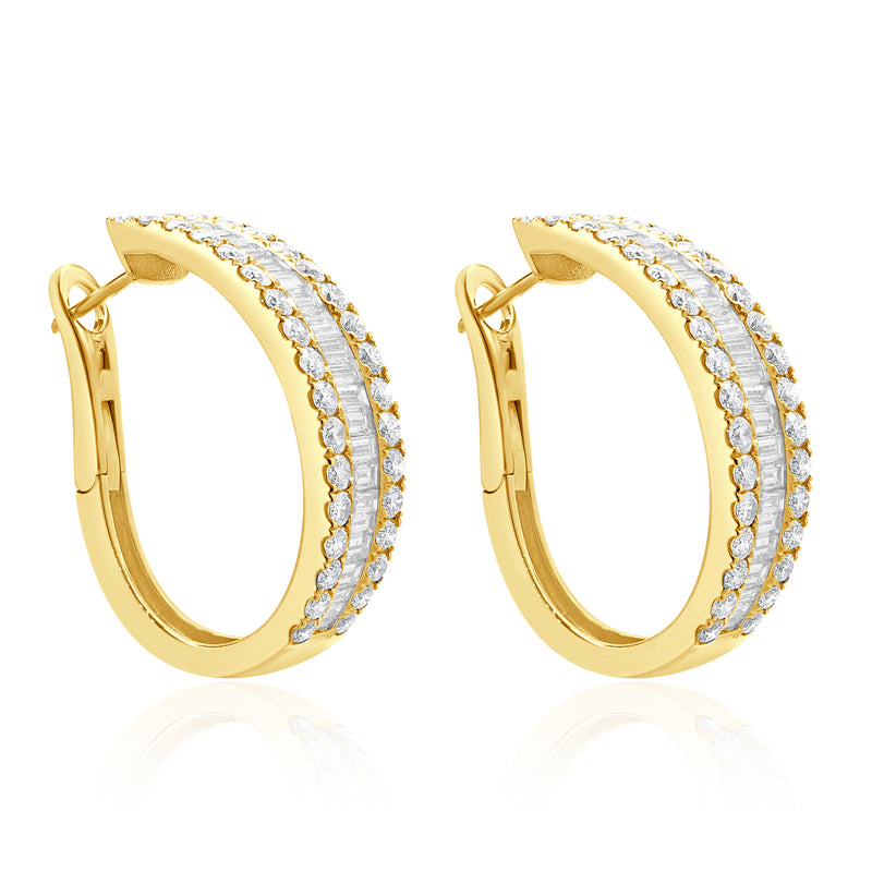18 Karat Yellow Gold 30MM Round and Baguette Diamond Hoop Earrings