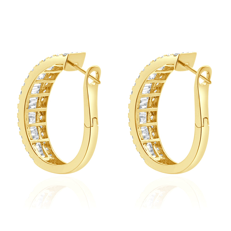 18 Karat Yellow Gold 30MM Round and Baguette Diamond Hoop Earrings