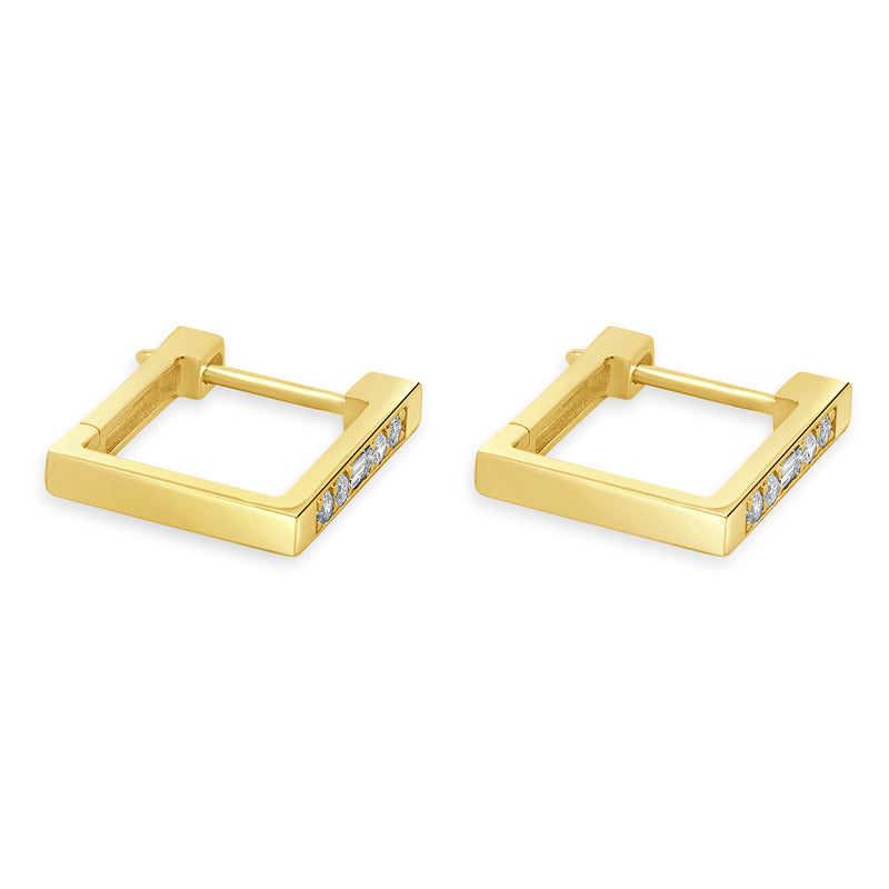 14 Karat Yellow Gold Square Diamond Huggie Hoop Earrings