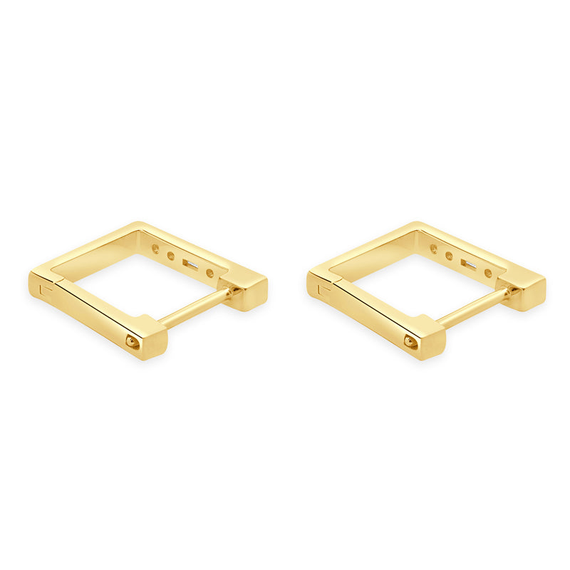 14 Karat Yellow Gold Square Diamond Huggie Hoop Earrings