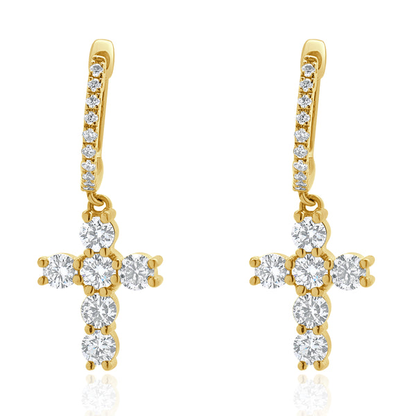 18 Karat Yellow Gold Diamond Cross Drop Earrings
