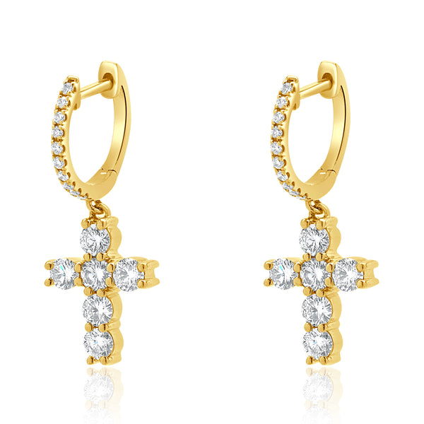 18 Karat Yellow Gold Diamond Cross Drop Earrings