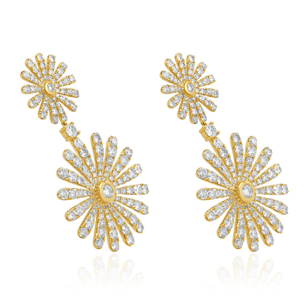 18 Karat Yellow Gold Flower Diamond Drop Earrings