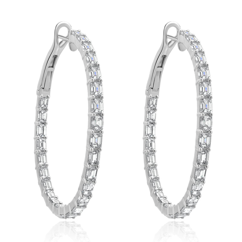 18 Karat White Gold Emerald Cut Diamond Hoop Earrings
