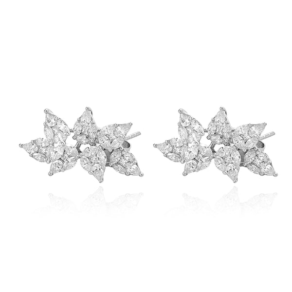 18 Karat White Gold Multi Cut Diamond Floral Spray Earrings