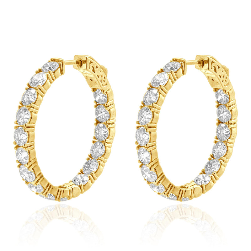 18 Karat Yellow Gold Oval Shape Diamond Inside Outside Hoop Earrings