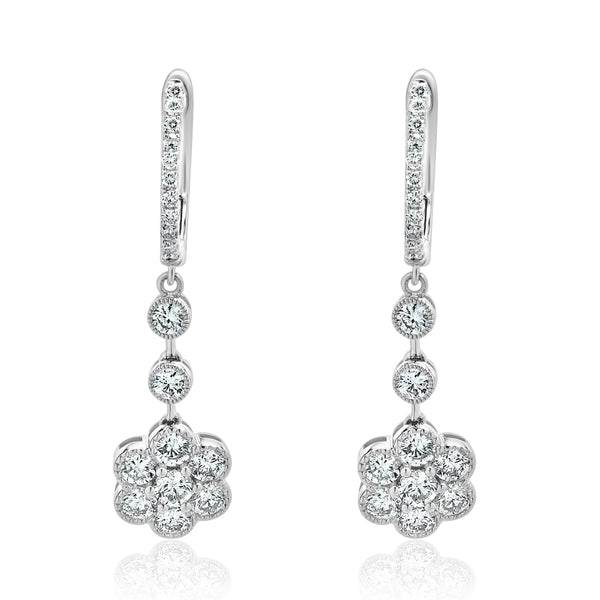 18 Karat White Gold Diamond Flower Drop Earrings