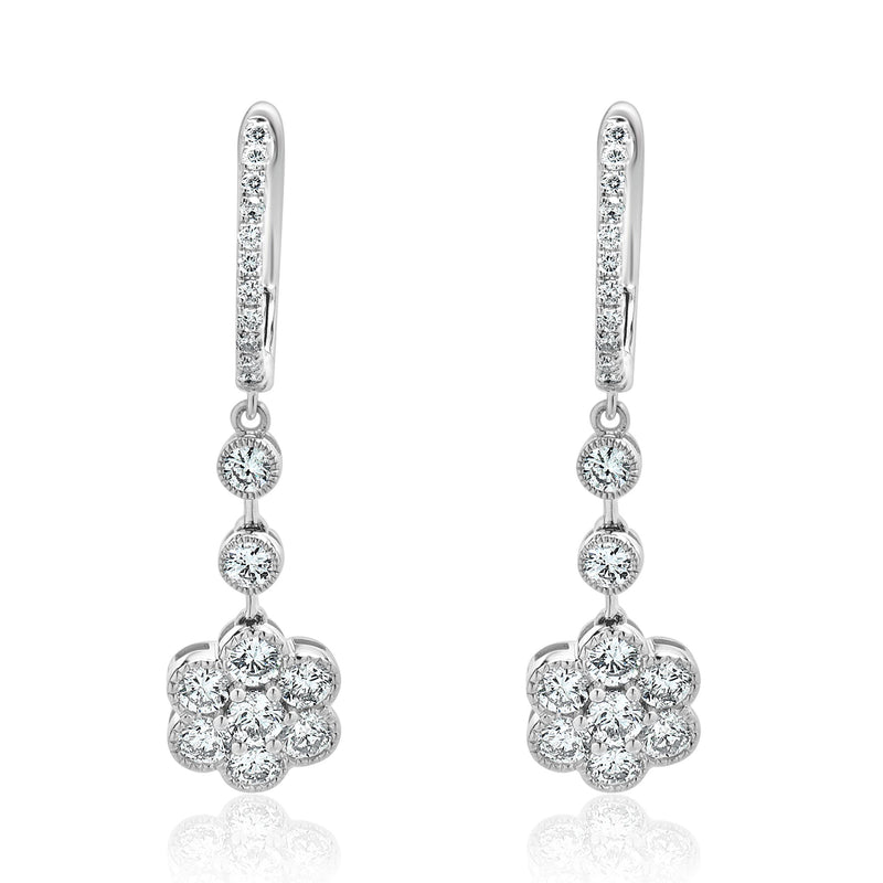 18 Karat White Gold Diamond Flower Drop Earrings
