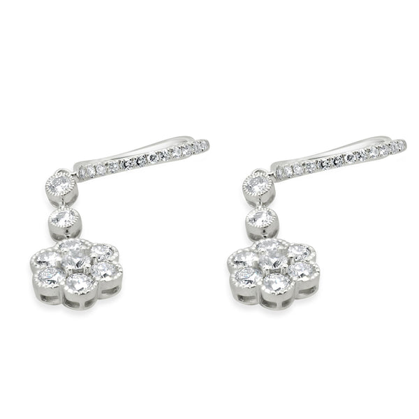 18 Karat White Gold Diamond Flower Drop Earrings