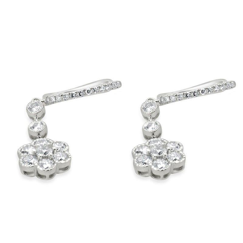 18 Karat White Gold Diamond Flower Drop Earrings