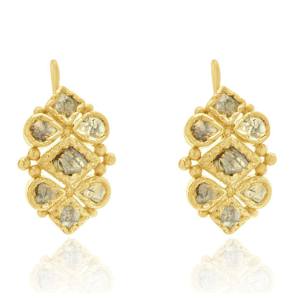21 Karat Yellow Gold Sliced Multi Cut Diamond Drop Earrings
