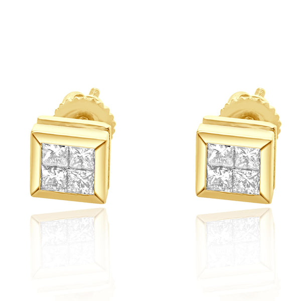 18K Yellow Gold Invisible Set Princess Cut Diamond Studs