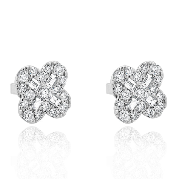 18 Karat Yellow Gold Diamond Clover Stud Earrings