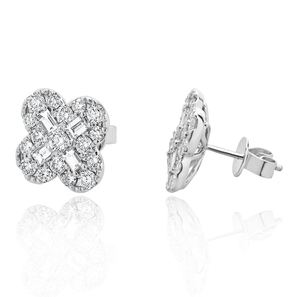 18 Karat Yellow Gold Diamond Clover Stud Earrings