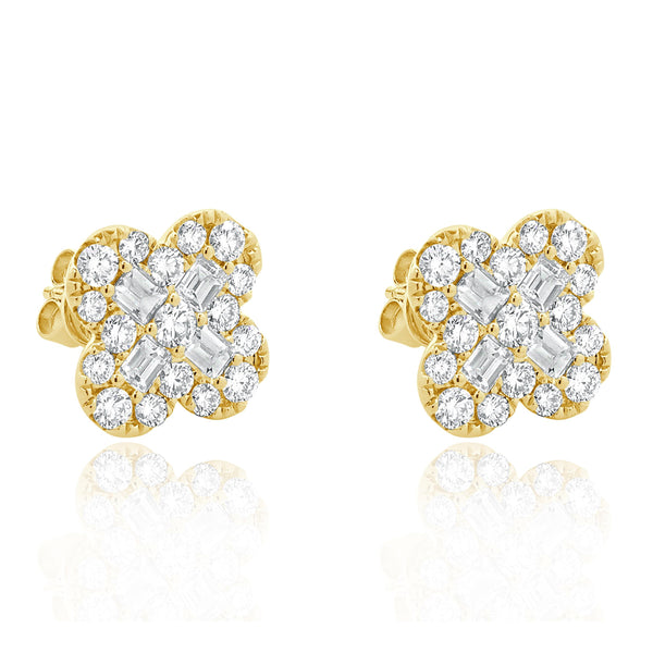 18 Karat Yellow Gold Diamond Clover Stud Earrings