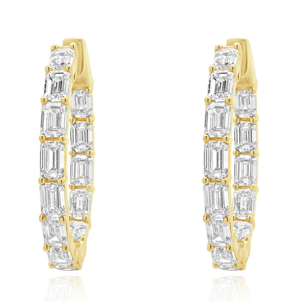 18 Karat Yellow Gold Emerald Cut Diamond Inside Outside Hoop Earrings