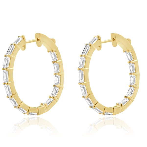 18 Karat Yellow Gold Emerald Cut Diamond Inside Outside Hoop Earrings
