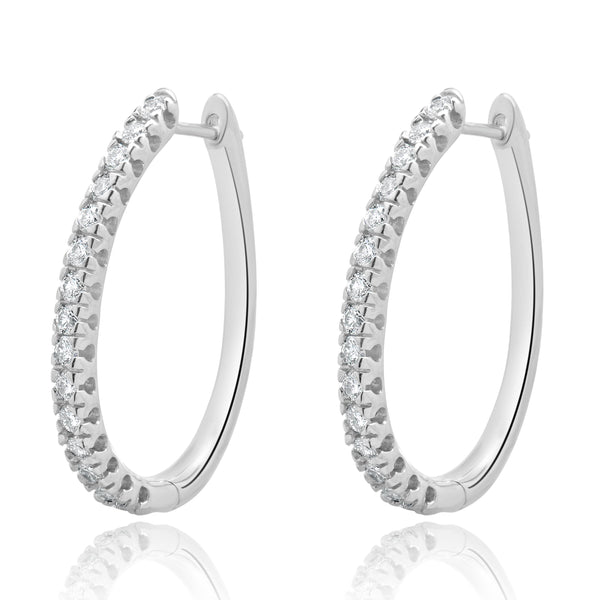 14 Karat White Gold Oval Diamond Hoop Earrings