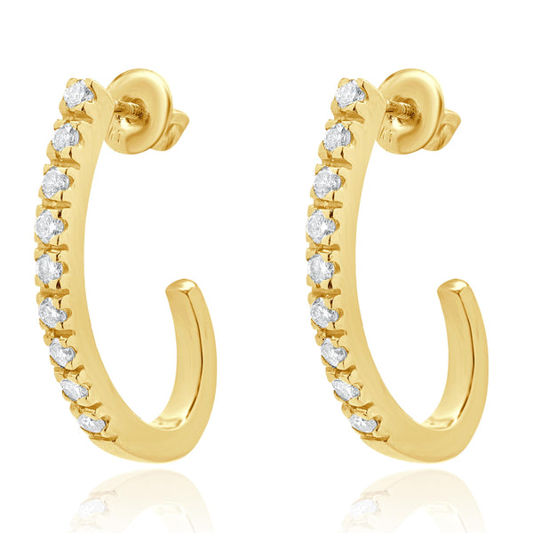 14 Karat Yellow Gold Diamond J Hoop Earrings