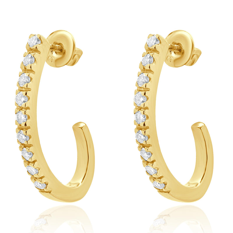 14 Karat Yellow Gold Diamond J Hoop Earrings