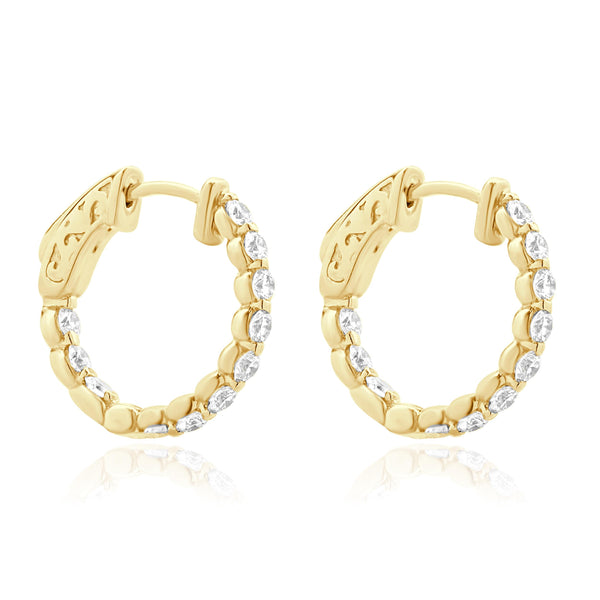 14 Karat Yellow Gold Inside Outside Diamond Hoop Earrings