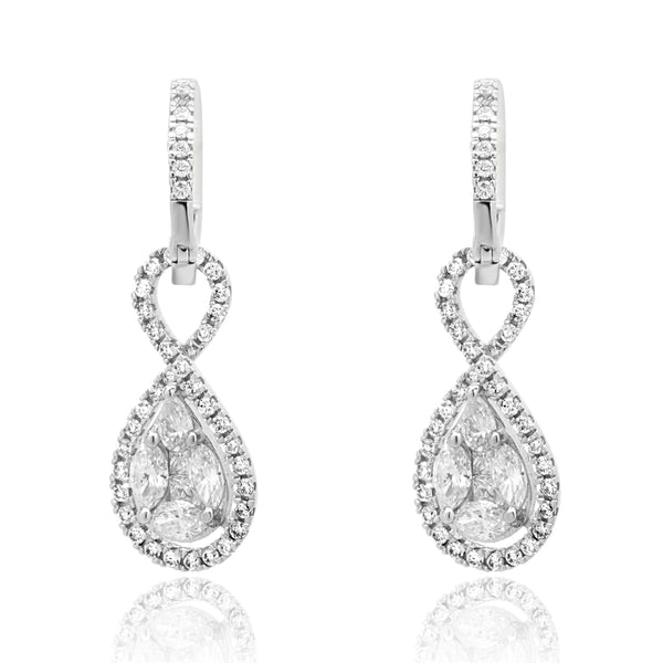 14 Karat White Gold Mosaic Set Diamond Pear Shape Drop Earrings