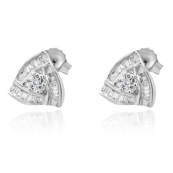 14 Karat White Gold Baguette and Round Bypass Diamond Earrings