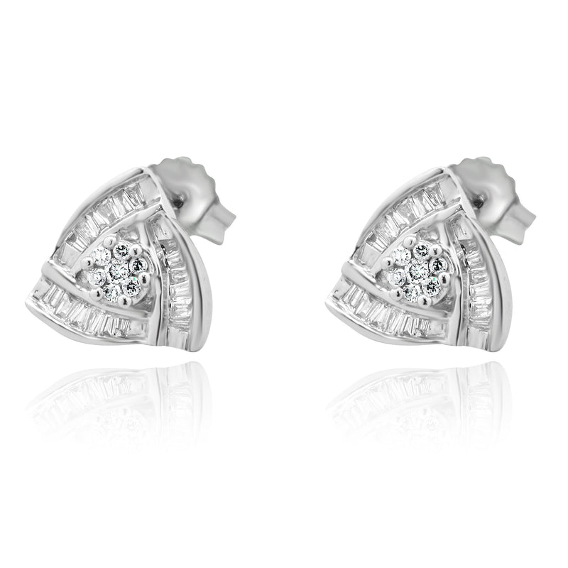 14 Karat White Gold Baguette and Round Bypass Diamond Earrings