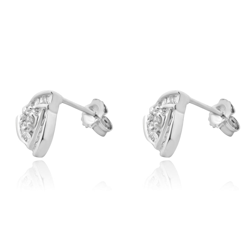 14 Karat White Gold Baguette and Round Bypass Diamond Earrings