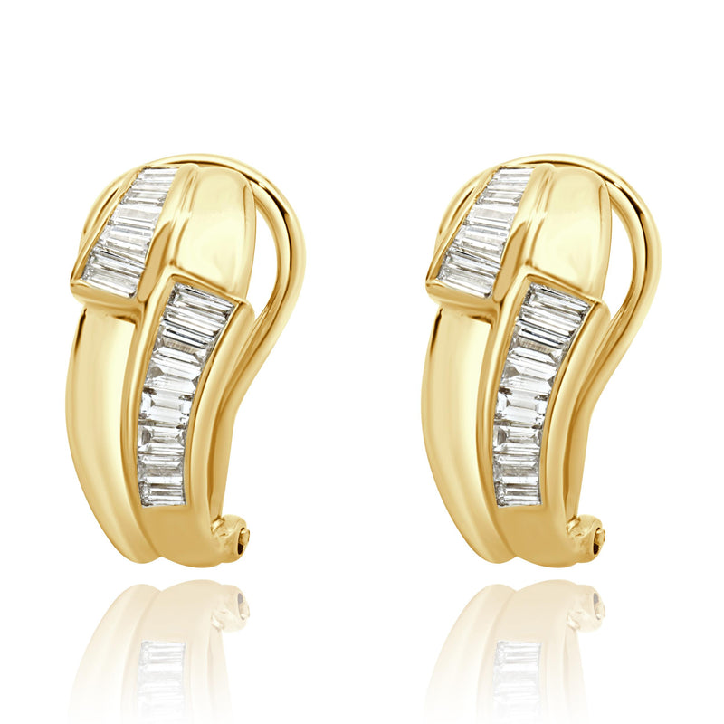 18 Karat Yellow Gold Baguette Cut Diamond Crossover Hoop Earrings