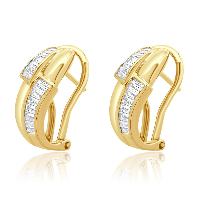 18 Karat Yellow Gold Baguette Cut Diamond Crossover Hoop Earrings