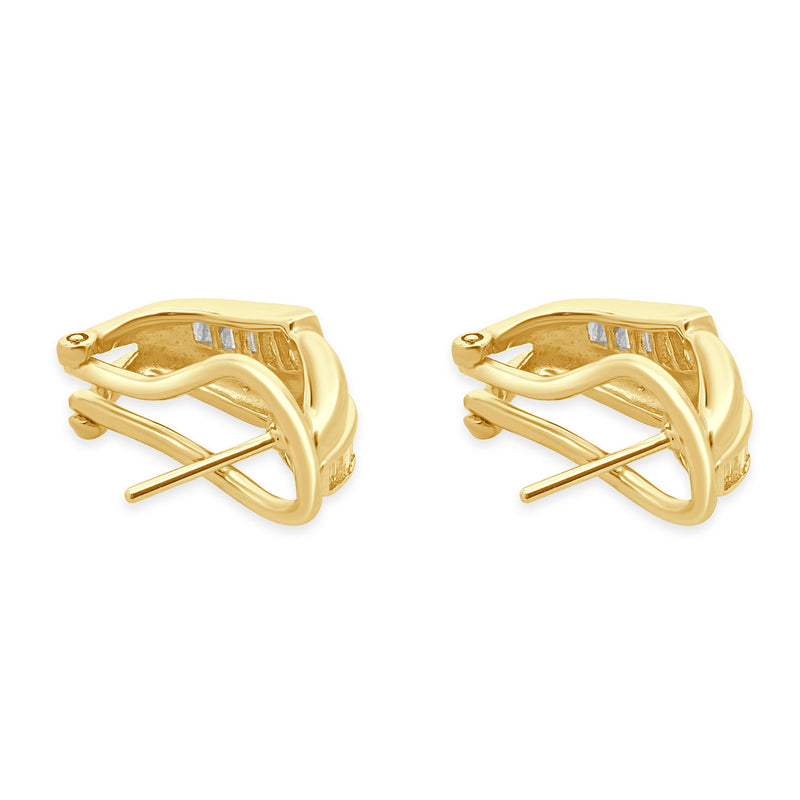 18 Karat Yellow Gold Baguette Cut Diamond Crossover Hoop Earrings