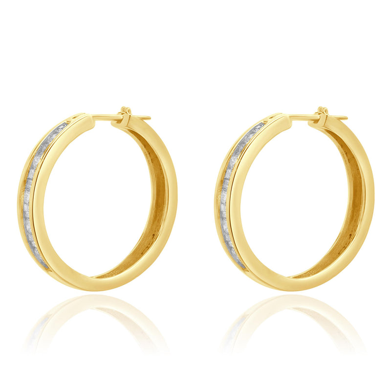 10 Karat Yellow Gold Channel Set Diamond Hoop Earrings