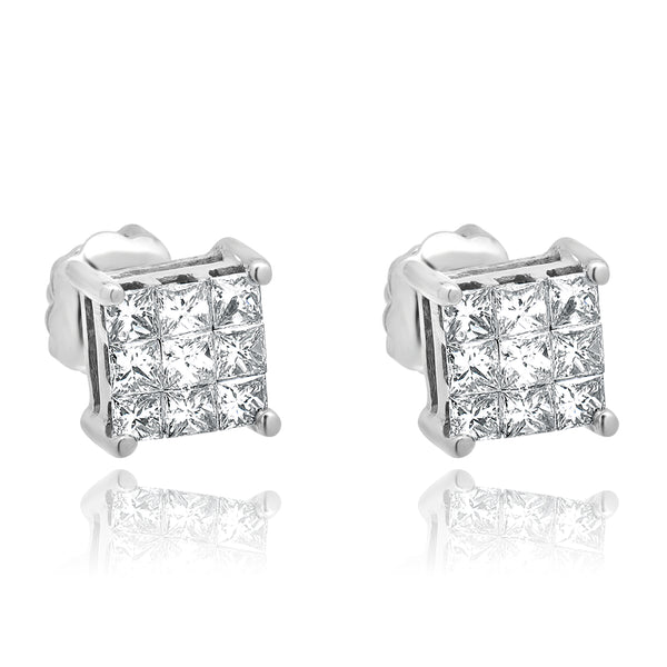 14 Karat White Princess Cut Invisible Set Earrings