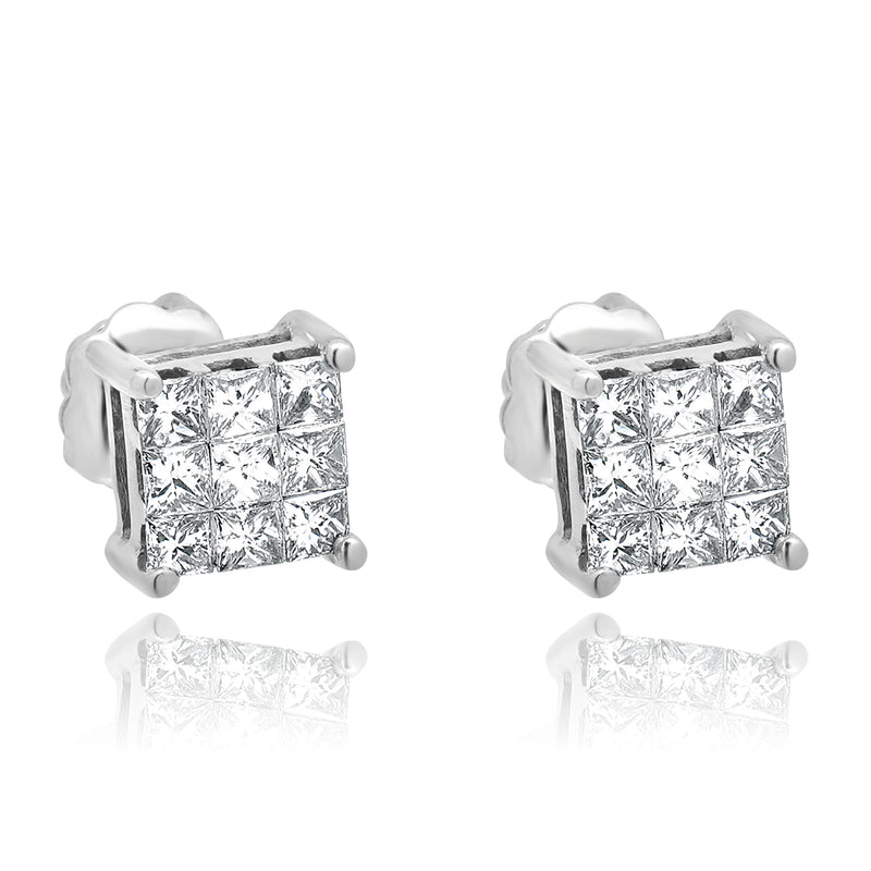 14 Karat White Princess Cut Invisible Set Earrings