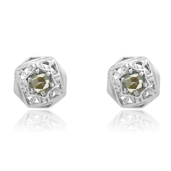 14 Karat Yellow & Silver Hexagon Filagree Rose Cut Diamond Earrings