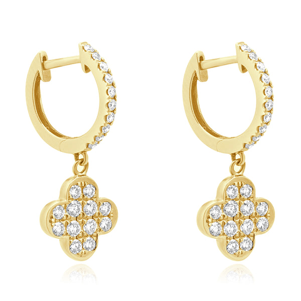 14 Karat Yellow Gold Diamond Clover Drop Earrings