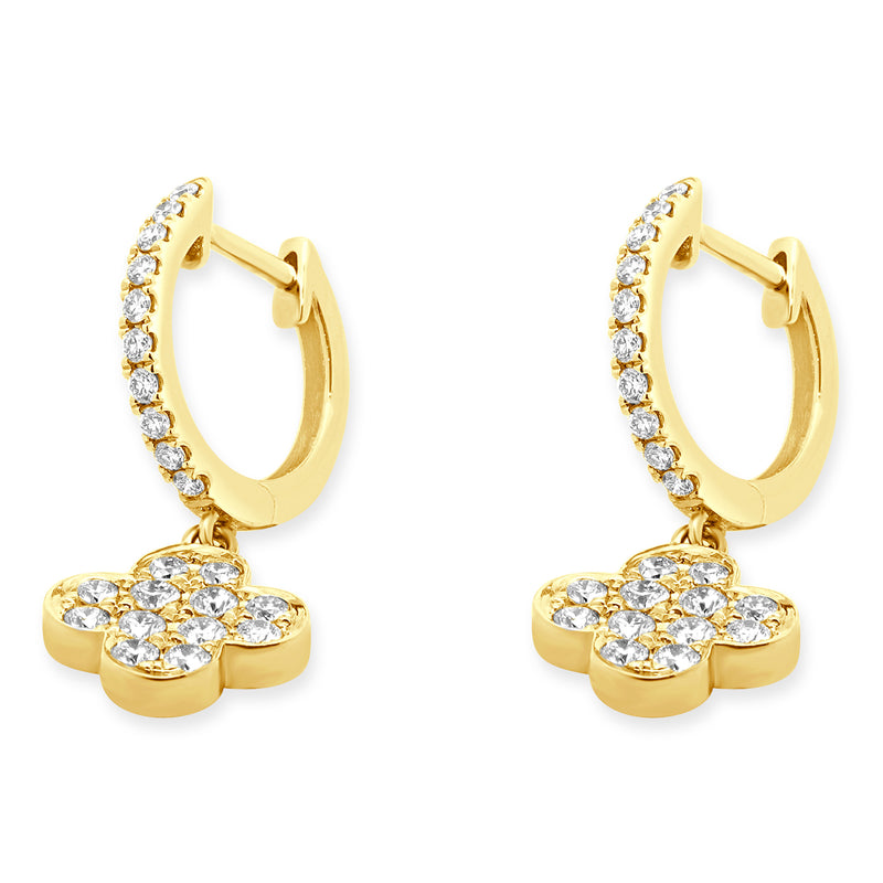 14 Karat Yellow Gold Diamond Clover Drop Earrings