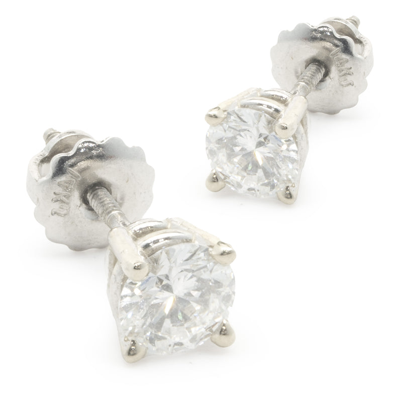 14 Karat White Gold Round Brilliant Cut Diamond Stud Earrings