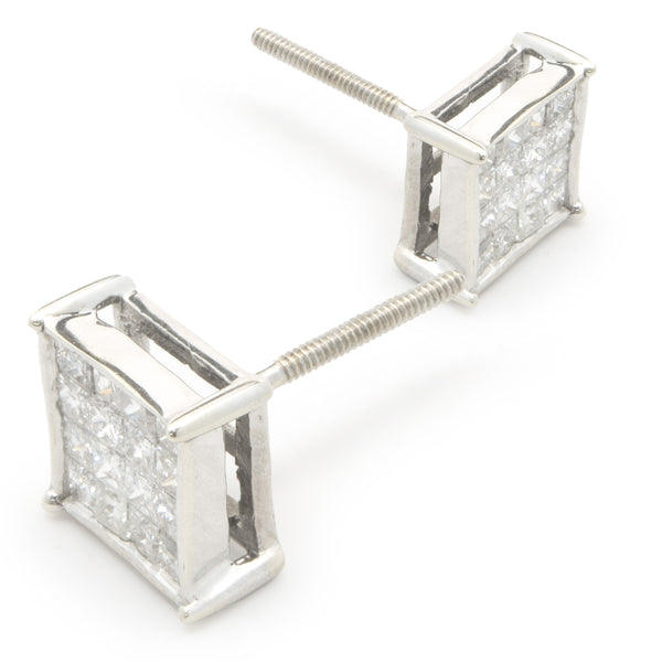 14 Karat White Gold Square Cluster Stud Earrings