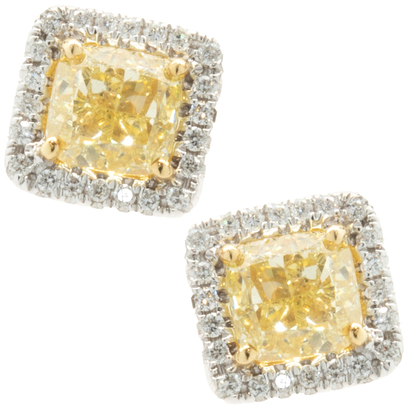 18 Karat White & Yellow Gold Fancy Yellow Diamond Stud Earrings with Diamond Halos