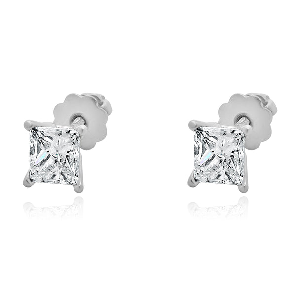 14 Karat White Gold Princess Cut Diamond Stud Earrings