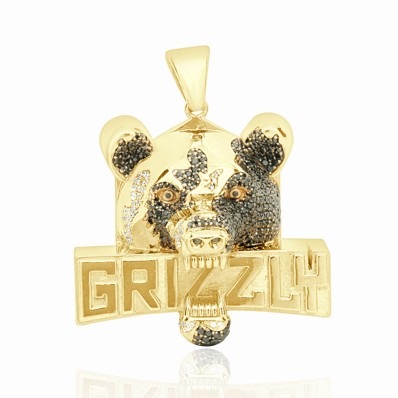 14 Karat Yellow Gold Pave Black and White Diamond “Grizzly” Bear Pendant