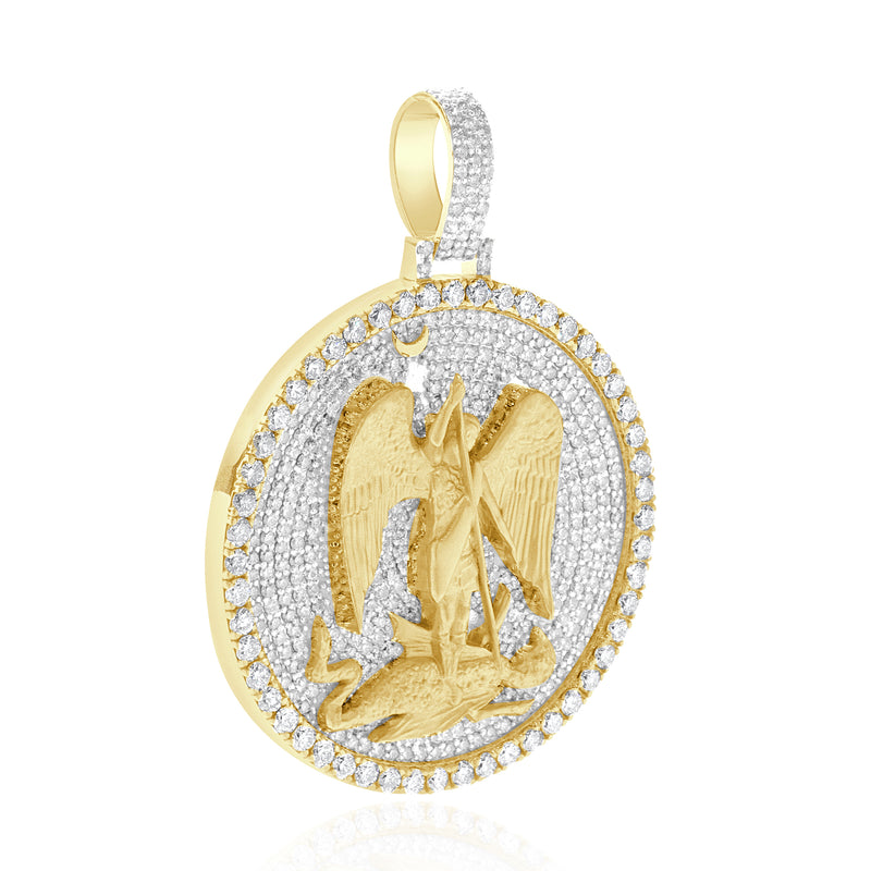 14 Karat Yellow Gold Pave Diamond Saint Michael the Archangel Slaying the Dragon Pendant