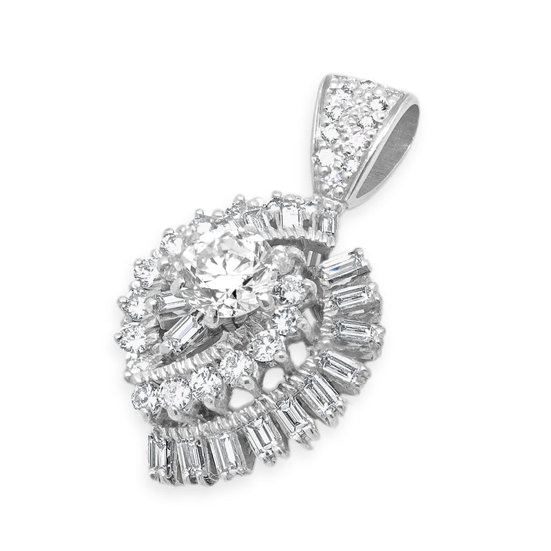 Platinum/ 14k White Gold Baguette & Round Brillaint Diamond Bypass Pendant